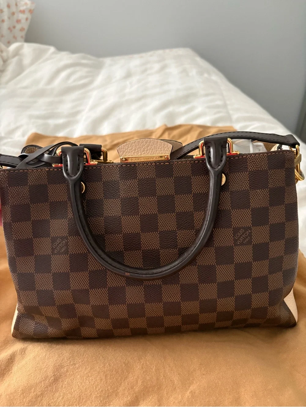 Authentic Louis Vuitton Brown Damier Canvas Bag with Gold Hardware
